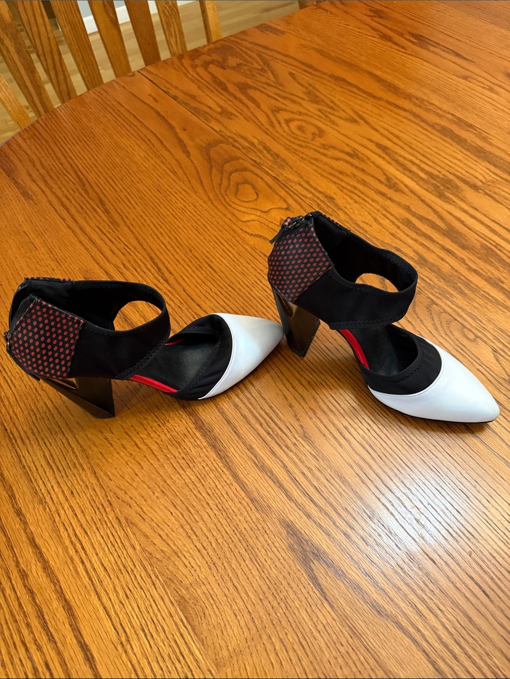 JadyRose polka dot Pointed Toe Two-Tone Ankle-Strap Heels in Black and White